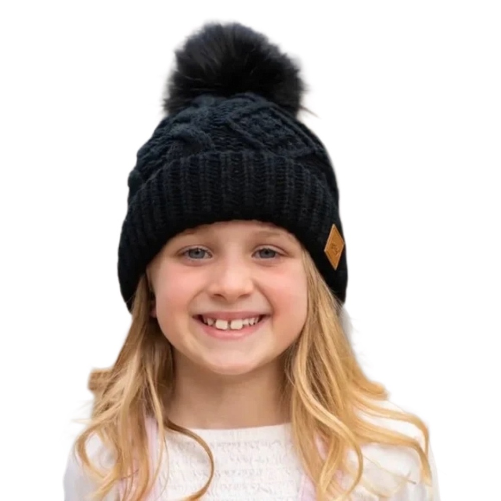 Panache Kids black cable knit hat with black faux fur pom accent (64)